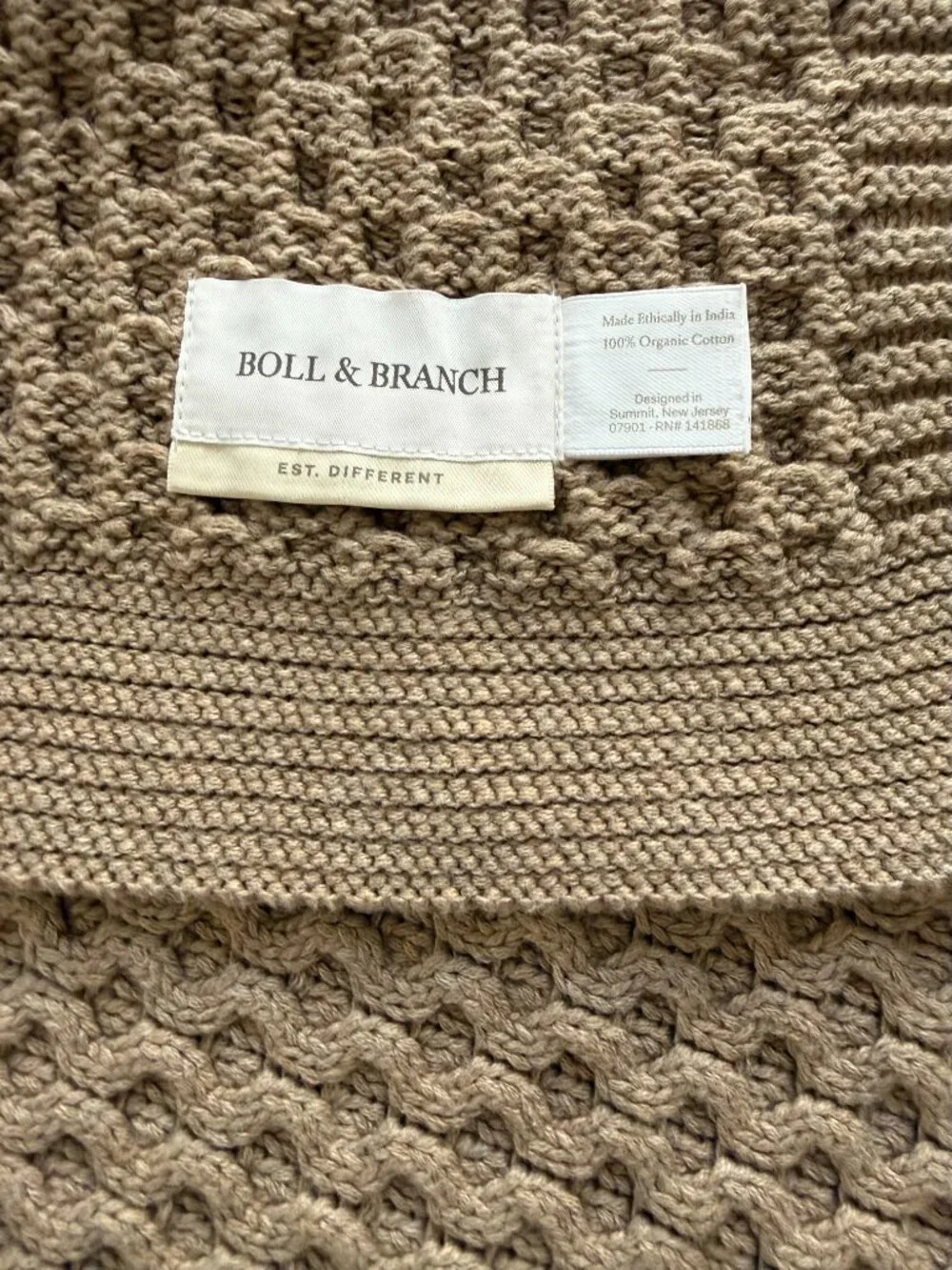 Boll & Branch Organic Cotton Cable Knit Throw Blanket Taupe Beige 55x70
